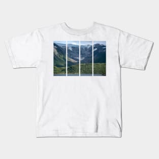 Wonderful landscapes in Norway. Nordland. Beautiful scenery of Svartisen glacier. Engabreen from the Holandsfjorden view. Mountains, trees, rocks and houses in background Kids T-Shirt